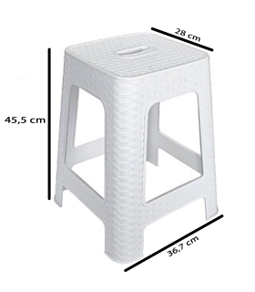 Tradineur - Taburete de plástico Rattan con asa, asiento de 28 x 28 cm, imitación de mimbre, banqueta multiusos, cocina, salón (Blanco - 45,5 x 36,7 x 36,7 cm)