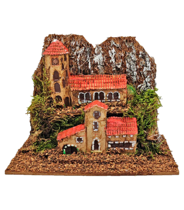 Tradineur - Pueblo de montaña para belén navideño, resina y corcho, monasterios, edificios decorativos nacimiento, pesebre, navidad 11 x 15,5 x 9 cm, modelo aleatorio