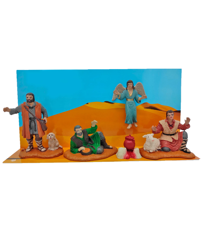 Tradineur - Set de 5 figuras anunciación para belén navideño 10 cm, durexina, figuras decorativas nacimiento, campesinos, ángel, pastores, pesebre, navidad, decoración tradicional