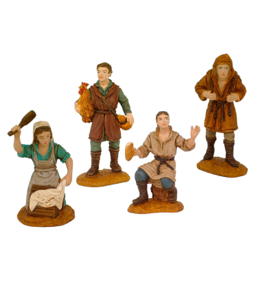 Tradineur - Set 4 figuras de campesinos para belén navideño 8 cm, durexina, figuras decorativas nacimiento, pesebre, navidad, decoración tradicional