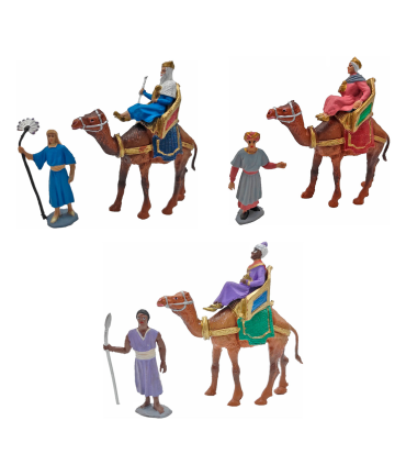 Tradineur - Figuras de reyes magos, camellos y pajes para belén navideño 12 y 7 cm, durexina, figuras decorativas nacimiento, pesebre, navidad, decoración tradicional