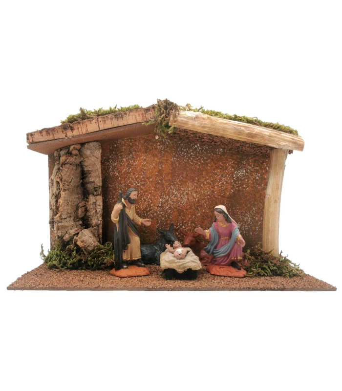 Tradineur - Portal, cueva con figuras de nacimiento de 8 cm para belén navideño 16,5 x 27 x 14,2 cm, corcho y resina, pesebre Jesús, virgen María, José, buey y mula, decoración tradicional navidad