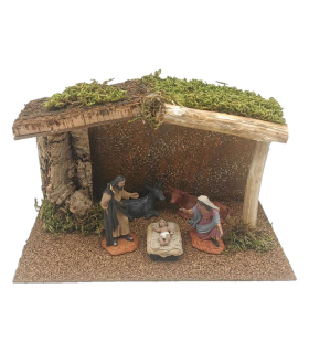 Tradineur - Portal, cueva con figuras de nacimiento de 8 cm para belén navideño 16,5 x 27 x 14,2 cm, corcho y resina, pesebre Jesús, virgen María, José, buey y mula, decoración tradicional navidad