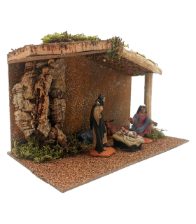 Tradineur - Portal, cueva con figuras de nacimiento de 8 cm para belén navideño 16,5 x 27 x 14,2 cm, corcho y resina, pesebre Jesús, virgen María, José, buey y mula, decoración tradicional navidad