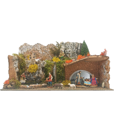 Tradineur - Belén completo con figuras de 5 cm, resina y corcho, 18 x 37 x 21 cm, paisaje montañoso con pesebre, pastores, lavandera, portal, nacimiento de Jesús, decoración de navidad tradicional