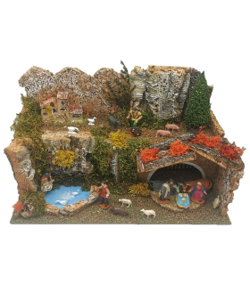 Tradineur - Belén completo con figuras de 5 cm, resina y corcho, 18 x 37 x 21 cm, paisaje montañoso con pesebre, pastores, lavandera, portal, nacimiento de Jesús, decoración de navidad tradicional