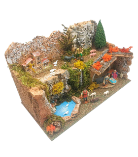 Tradineur - Belén completo con figuras de 5 cm, resina y corcho, 18 x 37 x 21 cm, paisaje montañoso con pesebre, pastores, lavandera, portal, nacimiento de Jesús, decoración de navidad tradicional