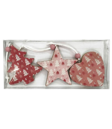 Tradineur - Set de estrella, abeto y corazón colgantes de madera, figuras decorativas navideñas, decoración del árbol de navidad, hogar, 6 cm