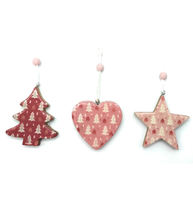 Tradineur - Set de estrella, abeto y corazón colgantes de madera, figuras decorativas navideñas, decoración del árbol de navidad, hogar, 6 cm