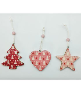 Tradineur - Set de estrella, abeto y corazón colgantes de madera, figuras decorativas navideñas, decoración del árbol de navidad, hogar, 6 cm