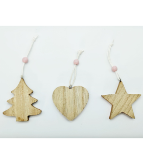 Tradineur - Set de estrella, abeto y corazón colgantes de madera, figuras decorativas navideñas, decoración del árbol de navidad, hogar, 6 cm