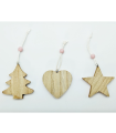 Tradineur - Set de estrella, abeto y corazón colgantes de madera, figuras decorativas navideñas, decoración del árbol de navidad, hogar, 6 cm