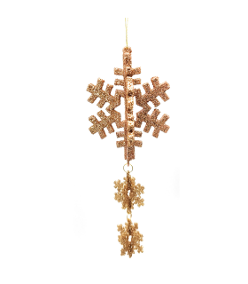 Tradineur - Colgante 3 copos de nieve, accesorio decorativo para colgar en árbol de navidad, decoración navideña del hogar, color dorado, 19 x 7,5 cm