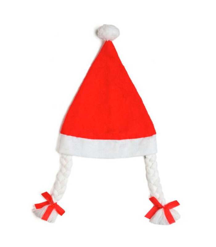 Tradineur - Gorro de mamá noel con trenzas, sombrero santa claus tradicional, accesorio navideño, fiesta, celebración, navidad, adulto, rojo y blanco