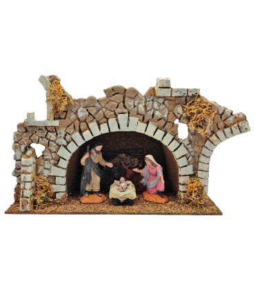 Tradineur - Cueva con figuras del nacimiento, corcho y resina, portal de belén, pesebre, niño Jesús, virgen María, José, buey y mula, 17,5 x 27 x 14,7 cm