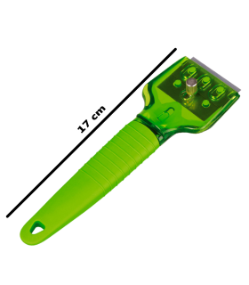 Tradineur - Rascador de vidrio y vitrocerámica, rasqueta placas inducción, incluye 3 cuchillas, mango de silicona, protector de cuchilla, inoxidable (Verde, 17 cm)