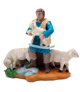 Tradineur - Figura de un pastor con corderos para belén - Fabricado en Durexina - Figuras decorativas divertidas para nacimiento, navidad, decoración tradicional.