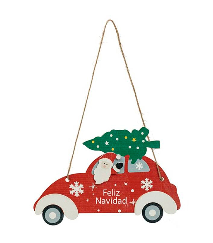 Tradineur – Adorno, coche colgante de madera "Feliz Navidad", decoración navideña festiva con cuerda para puerta, árbol, pared, 22,4 x 14,8 x 0,2 cm, modelo aleatorio