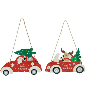 Tradineur – Adorno, coche colgante de madera "Feliz Navidad", decoración navideña festiva con cuerda para puerta, árbol, pared, 22,4 x 14,8 x 0,2 cm, modelo aleatorio