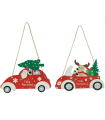 Tradineur – Adorno, coche colgante de madera "Feliz Navidad", decoración navideña festiva con cuerda para puerta, árbol, pared, 22,4 x 14,8 x 0,2 cm, modelo aleatorio