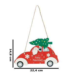 Tradineur – Adorno, coche colgante de madera "Feliz Navidad", decoración navideña festiva con cuerda para puerta, árbol, pared, 22,4 x 14,8 x 0,2 cm, modelo aleatorio