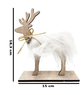 Tradineur – Figura de reno de madera con pelo de poliéster y cascabeles, decoración navideña festiva para repisas, mesas, estanterías, 18,3 x 15 cm