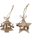 Tradineur – Adorno colgante de madera con forma de estrella/abeto, decoración navideña festiva con cuerda y cascabeles para puerta, árbol, pared, 8,7 cm, modelo aleatorio