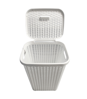 Tradineur - Cesto para ropa sucia con tapa y asas 60 litros, blanco, 61,5 x 42,5 x 34 cm, pongotodo rattan de plástico, cubo para colada, diseño imitación mimbre, hogar