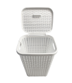 Tradineur - Cesto para ropa sucia con tapa y asas 60 litros, blanco, 61,5 x 42,5 x 34 cm, pongotodo rattan de plástico, cubo para colada, diseño imitación mimbre, hogar