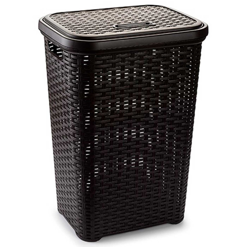 Tradineur - Cesto para ropa sucia de plástico con tapa 60 litros, wengué, 43 x 35,5 x 62 cm, pongotodo, cubo para la colada con Tradineur - Cesto para ropa sucia de plástico con tapa 60 litros, wengué, 43 x 35,5 x 62 cm, pongotodo, cubo para la colada con