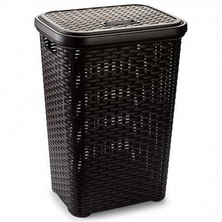 Tradineur -  Cesto para ropa sucia de plástico con tapa 60 litros, wengué, 43 x 35,5 x 62 cm, pongotodo, cubo para la colada con