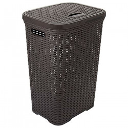 Tradineur -  Cesto para ropa sucia de plástico con tapa 60 litros, wengué, 43 x 35,5 x 62 cm, pongotodo, cubo para la colada con