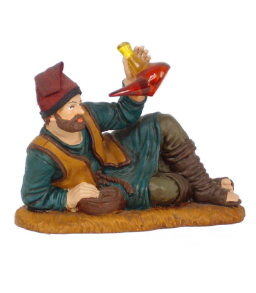 Tradineur - Figura de pastor con porrón y berretina para belén navideño 8,5 x 11 x 5,5 cm, durexina,figura decorativa pastor con botella de licor, nacimiento, pesebre, navidad, decoración tradicional