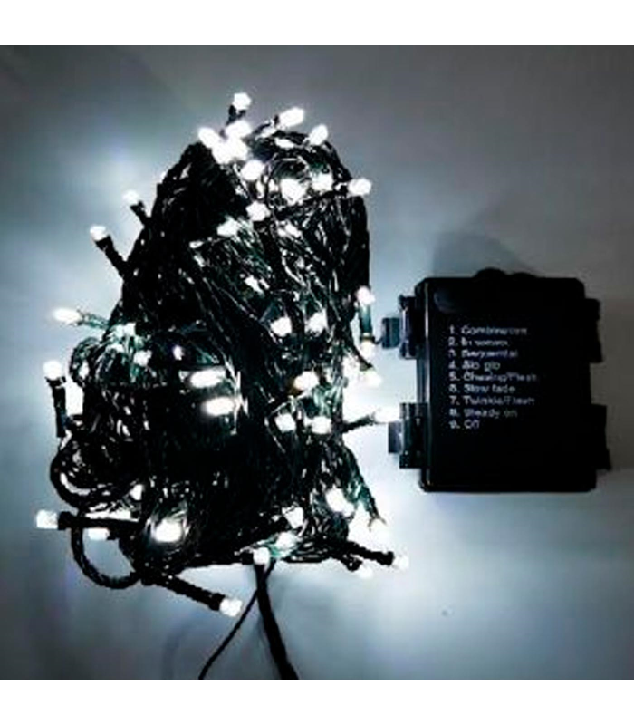 Tradineur - Tira de 100 luces LEDs navideñas a pilas (no incluidas) - Apto para interior y exterior - Función de luz foja e intermitente - 8 Metros - Color Blanco