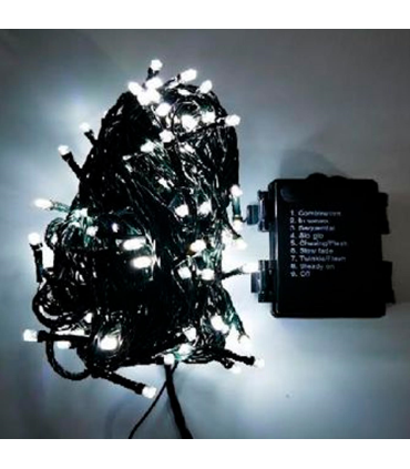 Tradineur - Tira de 100 luces LEDs navideñas a pilas (no incluidas) - Apto para interior y exterior - Función de luz foja e intermitente - 8 Metros - Color Blanco