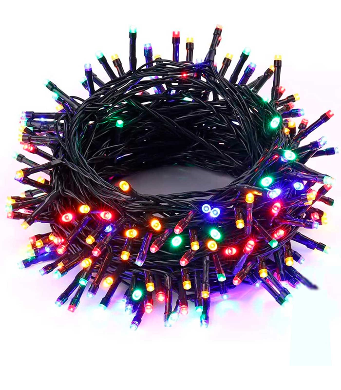 Tradineur - Tira de 100 luces LEDs para decoración navideña - Apto solo para interior - Función de luz foja e intermitente - 7W - 8 Metros - Multicolor