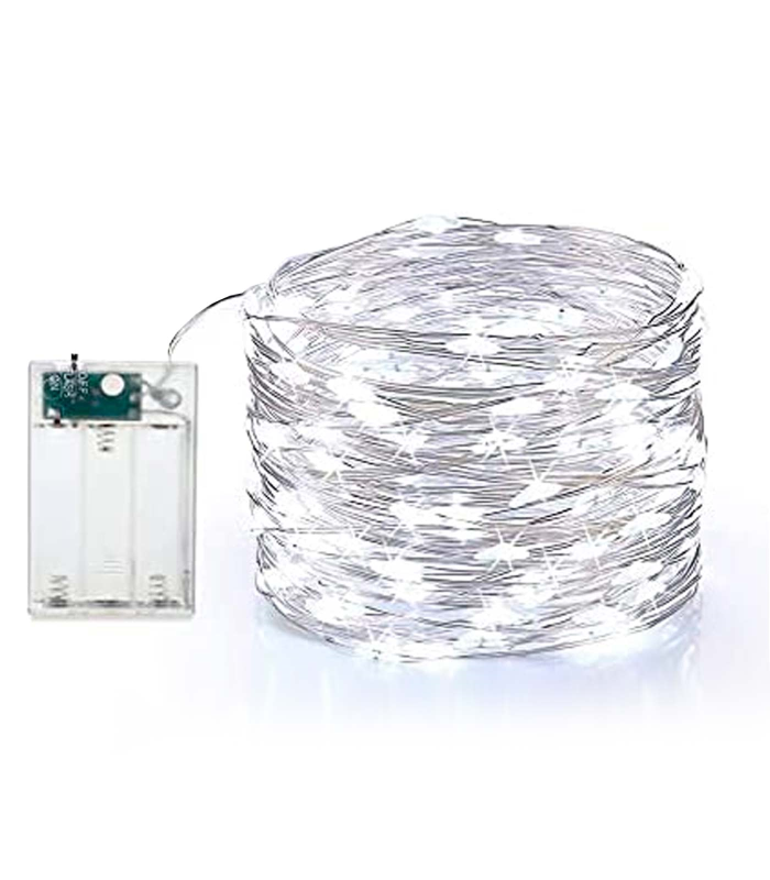 Tradineur - Alambre de 100 luces LEDs navideñas a pilas (no incluidas) - Apto para interior y exterior - Función de luz foja e intermitente - 1 Metro - Color Blanco