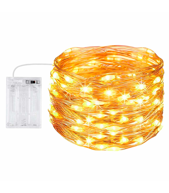 Tradineur - Alambre de 100 luces navideñas LEDs a pilas (no incluidas) - Apto para interior y exterior - Función de luz foja e intermitente - 1 Metro - Color Luz Cálida