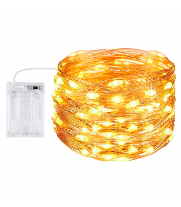 Tradineur - Alambre de 100 luces navideñas LEDs a pilas (no incluidas) - Apto para interior y exterior - Función de luz foja e intermitente - 1 Metro - Color Luz Cálida