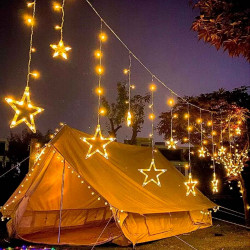 Tradineur - Cortina de luces LED con estrellas, guirnalda luminosa para interior, 9W, incluye mando regulador, Navidad, ventana,