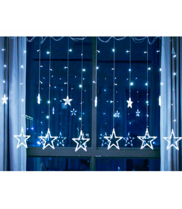 Tradineur - Cortina de luz LED con estrellas, guirnalda luminosa para interior, 9W, incluye mando regulador, Navidad, ventana, pared, escaparate, bodas, fiestas (138 luces, luz blanca)