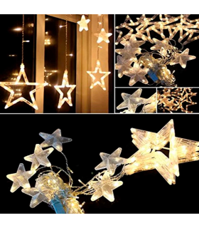 Tradineur - Cortina de luz LED con estrellas, guirnalda luminosa para interior, 9W, incluye mando regulador, Navidad, ventana, pared, escaparate, bodas, fiestas (138 luces, luz blanca)