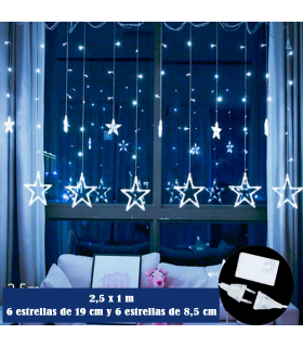 Tradineur - Cortina de luz LED con estrellas, guirnalda luminosa para interior, 9W, incluye mando regulador, Navidad, ventana, pared, escaparate, bodas, fiestas (138 luces, luz blanca)