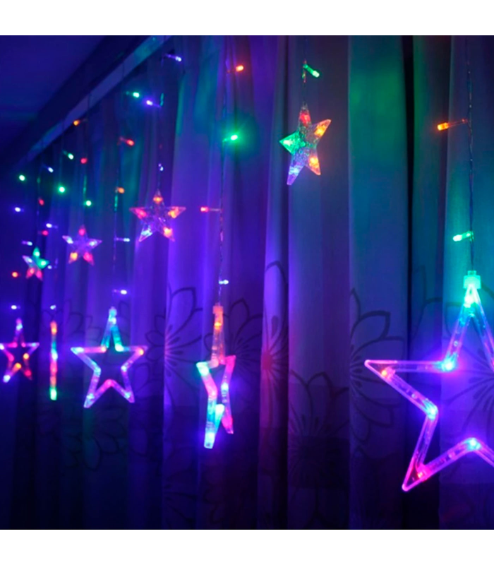 Tradineur - Cortina de luz con estrellas, LED, guirnalda luminosa para interior, 9W, incluye mando regulador, Navidad, ventana, pared, escaparate, bodas, fiestas (138 luces, luz multicolor)