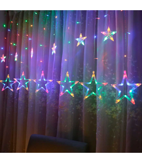 Tradineur - Cortina de luz con estrellas, LED, guirnalda luminosa para interior, 9W, incluye mando regulador, Navidad, ventana, pared, escaparate, bodas, fiestas (138 luces, luz multicolor)