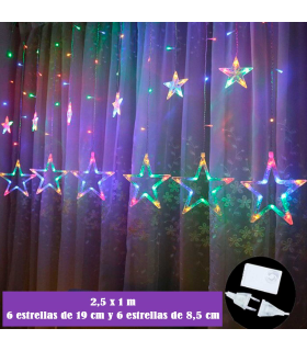 Tradineur - Cortina de luz con estrellas, LED, guirnalda luminosa para interior, 9W, incluye mando regulador, Navidad, ventana, pared, escaparate, bodas, fiestas (138 luces, luz multicolor)