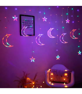 Tradineur - Cortina de luces LED, lunas y estrellas, guirnalda luminosa para interior, 9W, incluye mando regulador, Navidad, ventana, pared, escaparate, bodas, fiestas (138 luces, luz multicolor)