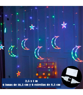 Tradineur - Cortina de luces LED, lunas y estrellas, guirnalda luminosa para interior, 9W, incluye mando regulador, Navidad, ventana, pared, escaparate, bodas, fiestas (138 luces, luz multicolor)