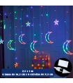 Tradineur - Cortina de luces LED, lunas y estrellas, guirnalda luminosa para interior, 9W, incluye mando regulador, Navidad, ventana, pared, escaparate, bodas, fiestas (138 luces, luz multicolor)