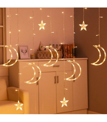 Tradineur - Cortina luces LED con lunas y estrellas, guirnalda luminosa para interior, 9W, incluye mando regulador, Navidad, ventana, pared, escaparate, bodas, fiestas (138 luces, luz blanca)